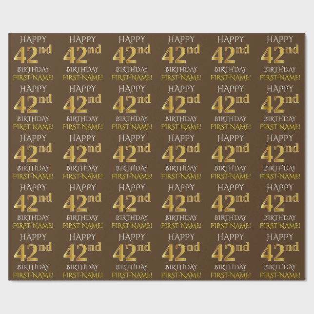 Brown, Faux Guld "LYCKLIG 42:a BIRTHDAY" Presentpapper (Platt)
