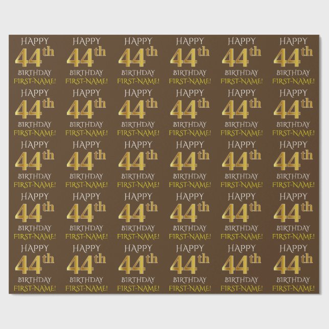 Brown, Faux Guld "LYCKLIG 44:e BIRTHDAY" Presentpapper (Platt)