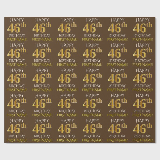 Brown, Faux Guld "LYCKLIG 46:e BIRTHDAY" Presentpapper (Platt)