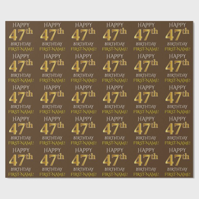 Brown, Faux Guld "LYCKLIG 47:e BIRTHDAY" Presentpapper (Platt)