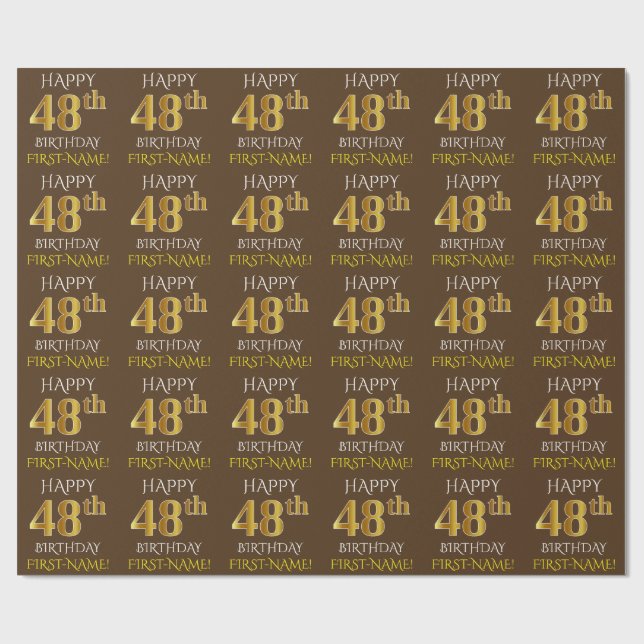 Brown, Faux Guld "LYCKLIG 48:e BIRTHDAY" Presentpapper (Platt)
