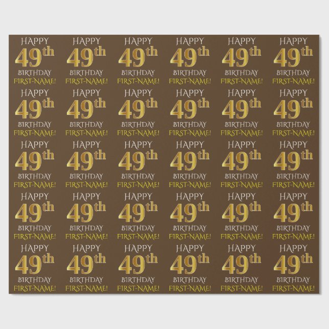 Brown, Faux Guld "LYCKLIG 49:e BIRTHDAY" Presentpapper (Platt)