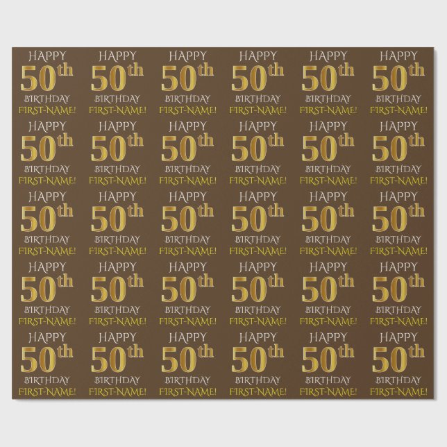 Brown, Faux Guld "LYCKLIG 50 BIRTHDAY" Presentpapper (Platt)