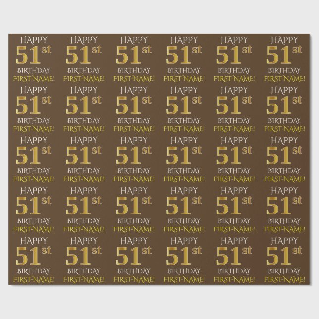 Brown, Faux Guld "LYCKLIG 51:a BIRTHDAY" Presentpapper (Platt)