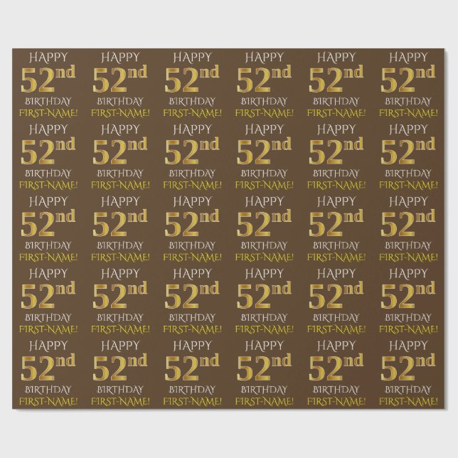 Brown, Faux Guld "LYCKLIG 52:a BIRTHDAY" Presentpapper (Platt)