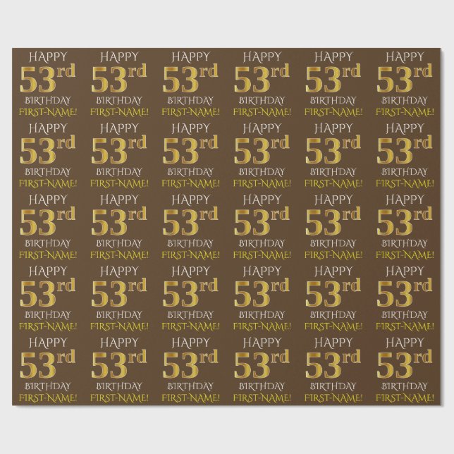 Brown, Faux Guld "LYCKLIG 53:e BIRTHDAY" Presentpapper (Platt)