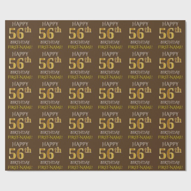 Brown, Faux Guld ’LYCKLIG 56 BIRTHDAY’ Presentpapper (Platt)
