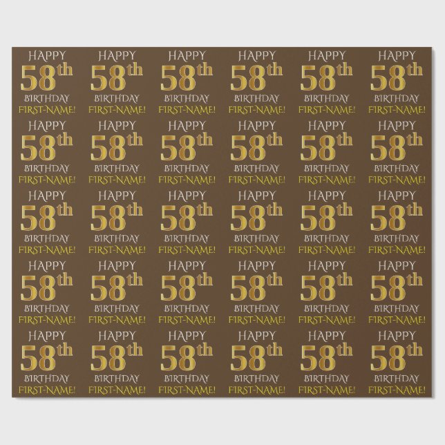 Brown, Faux Guld ’LYCKLIG 58 BIRTHDAY’ Presentpapper (Platt)