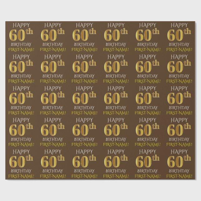 Brown, Faux Guld "LYCKLIG 60 BIRTHDAY" Presentpapper (Platt)