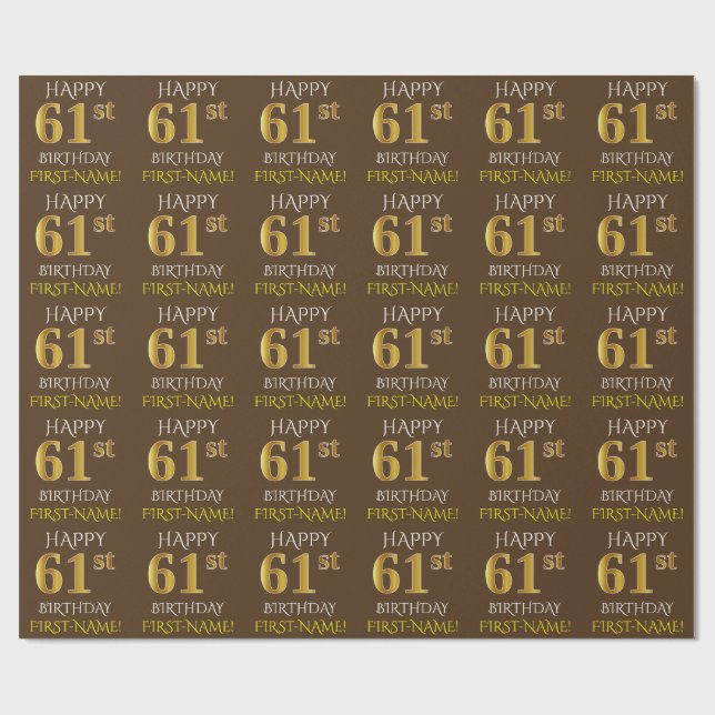 Brown, Faux Guld "LYCKLIG 61:a BIRTHDAY" Presentpapper (Platt)