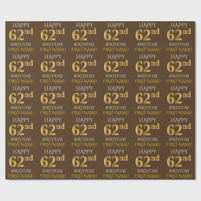 Brown, Faux Guld "LYCKLIG 62:a BIRTHDAY" Presentpapper (Platt)