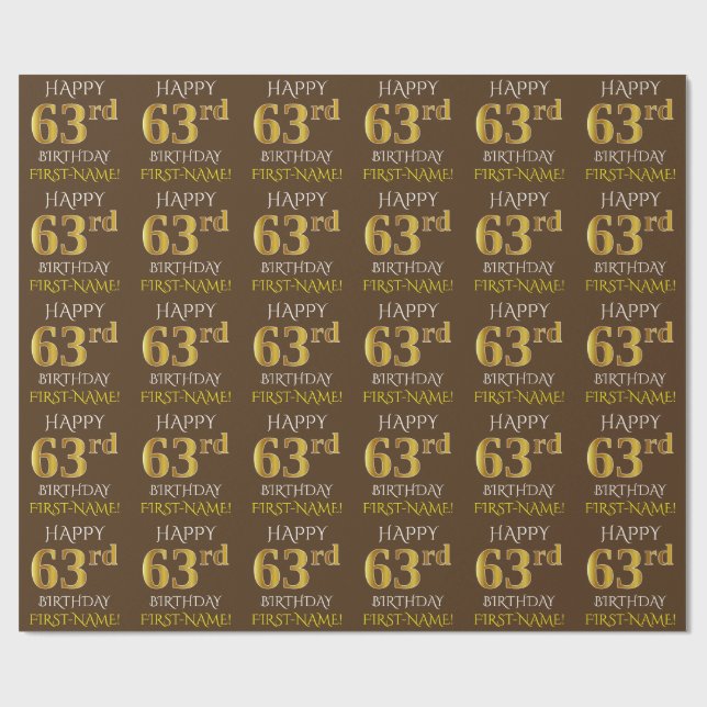 Brown, Faux Guld "LYCKLIG 63:e BIRTHDAY" Presentpapper (Platt)