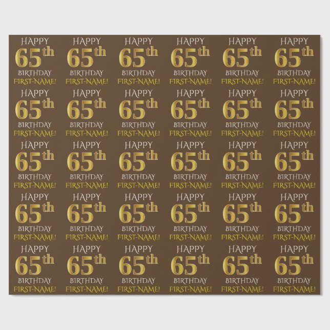 Brown, Faux Guld "LYCKLIG 65e BIRTHDAY" Presentpapper (Platt)