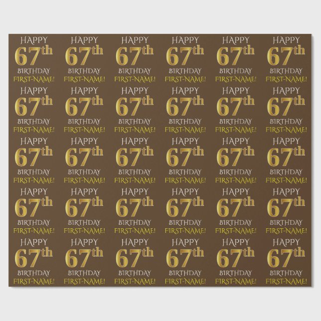 Brown, Faux Guld "LYCKLIG 67:e BIRTHDAY" Presentpapper (Platt)