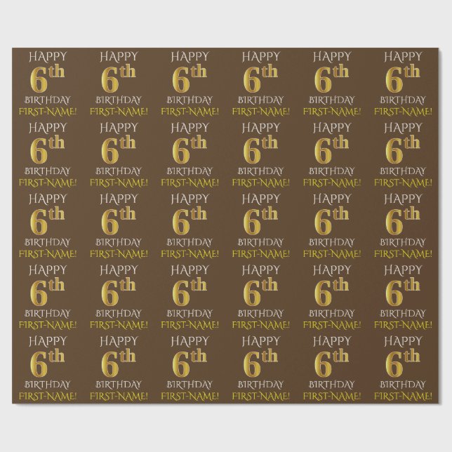 Brown, Faux Guld ’LYCKLIG 6e BIRTHDAY’ Presentpapper (Platt)