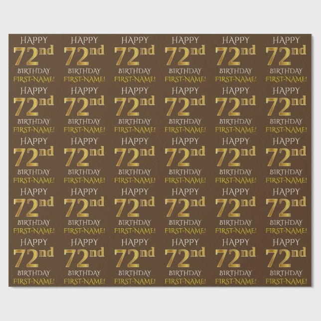 Brown, Faux Guld "LYCKLIG 72:a BIRTHDAY" Presentpapper (Platt)