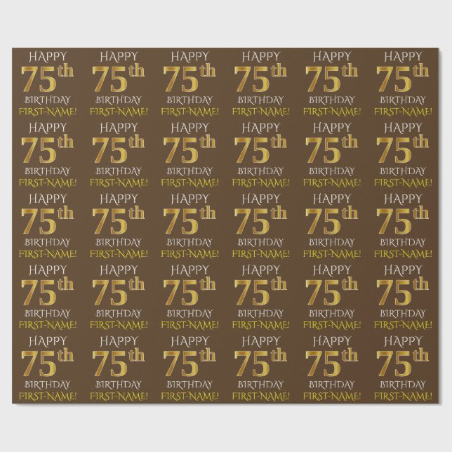 Brown, Faux Guld ’LYCKLIG 75:e BIRTHDAY’ Presentpapper (Platt)