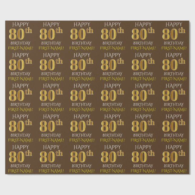 Brown, Faux Guld "LYCKLIG 80 BIRTHDAY" Presentpapper (Platt)