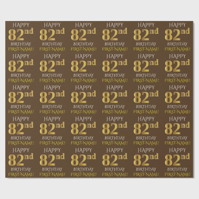 Brown, Faux Guld "LYCKLIG 82:a BIRTHDAY" Presentpapper (Platt)