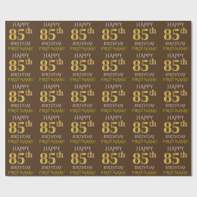 Brown, Faux Guld "LYCKLIG 85 BIRTHDAY" Presentpapper (Platt)