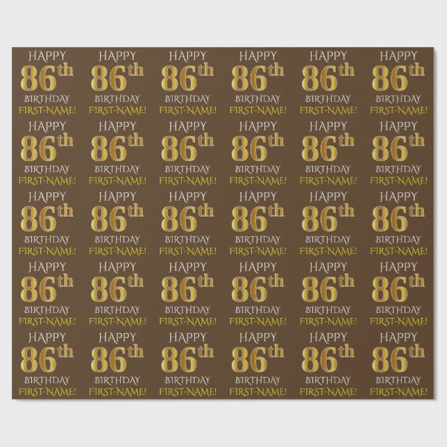 Brown, Faux Guld ’LYCKLIG 86 BIRTHDAY’ Presentpapper (Platt)