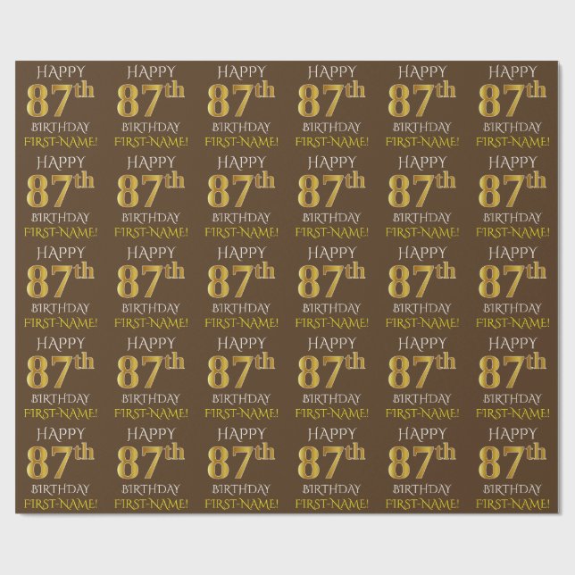 Brown, Faux Guld ’LYCKLIG 87 BIRTHDAY’ Presentpapper (Platt)