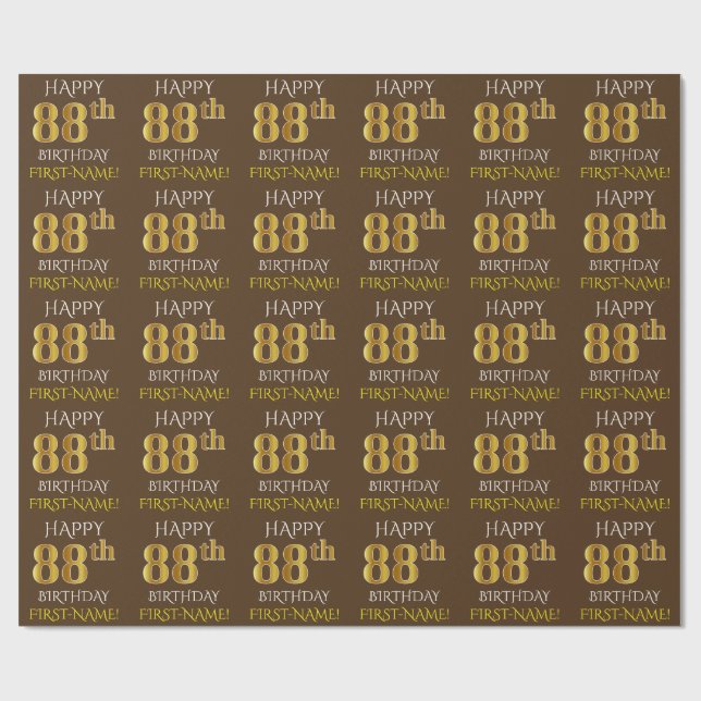 Brown, Faux Guld ’LYCKLIG 88 BIRTHDAY’ Presentpapper (Platt)