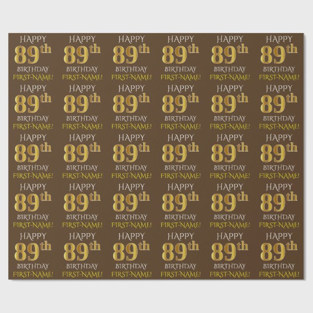 Brown, Faux Guld ’LYCKLIG 89 BIRTHDAY’ Presentpapper (Platt)