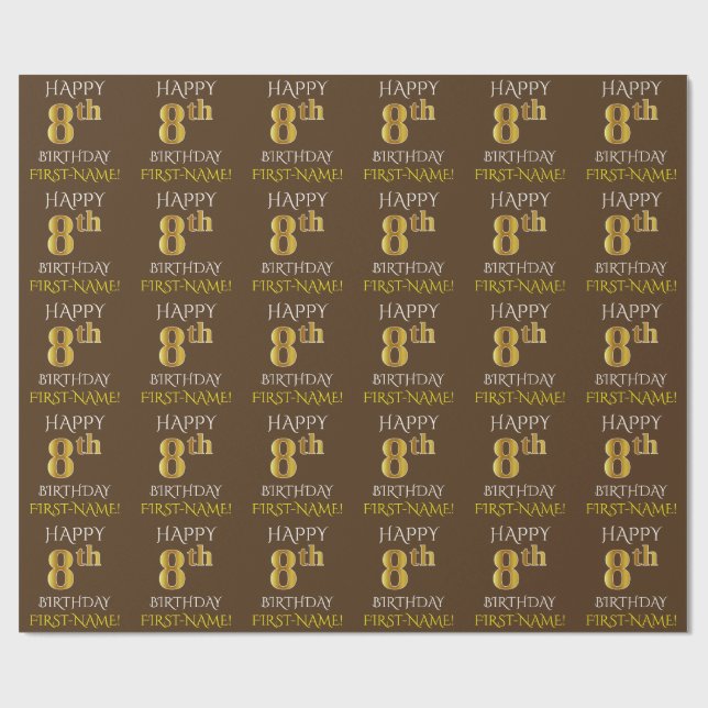 Brown, Faux Guld "LYCKLIG 8th BIRTHDAY" Presentpapper (Platt)