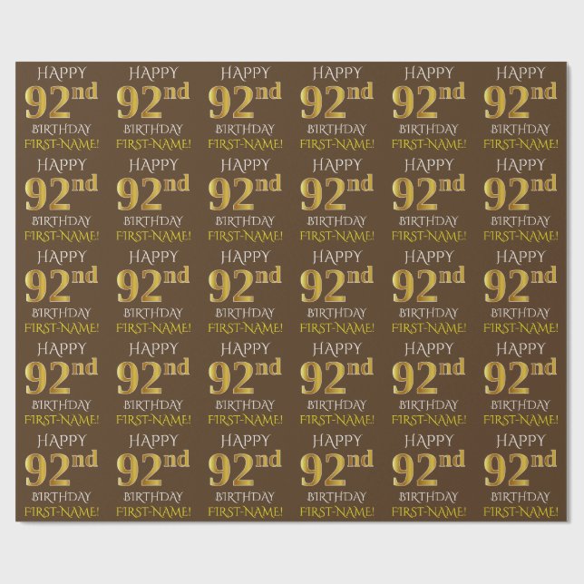 Brown, Faux Guld "LYCKLIG 92:a BIRTHDAY" Presentpapper (Platt)
