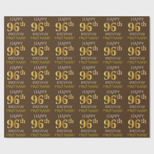 Brown, Faux Guld ’LYCKLIG 96 BIRTHDAY’ Presentpapper (Platt)