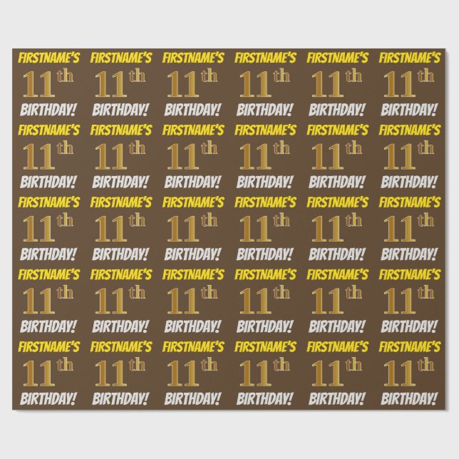 Brown, Faux/Imitation Guld, "11:e BIRTHDAY" Presentpapper (Platt)