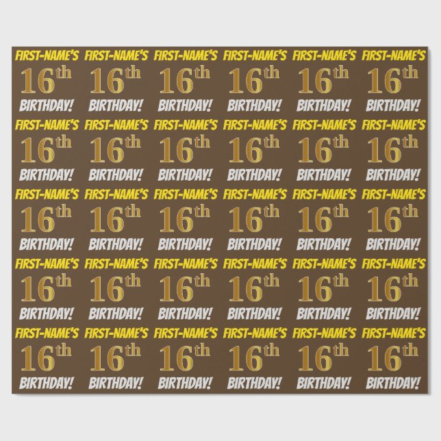 Brown, Faux/Imitation Guld, "16:e BIRTHDAY" Presentpapper (Platt)