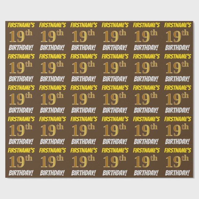 Brown, Faux/Imitation Guld, "19:e BIRTHDAY" Presentpapper (Platt)