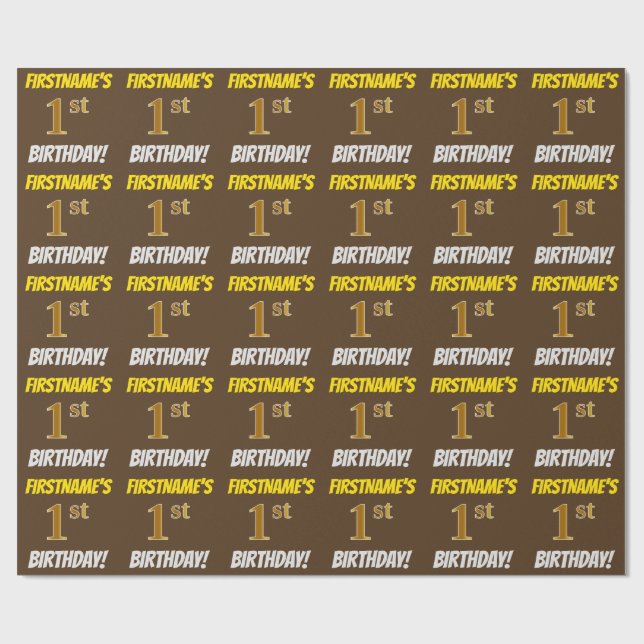 Brown, Faux/Imitation Guld, "1st BIRTHDAY" Presentpapper (Platt)