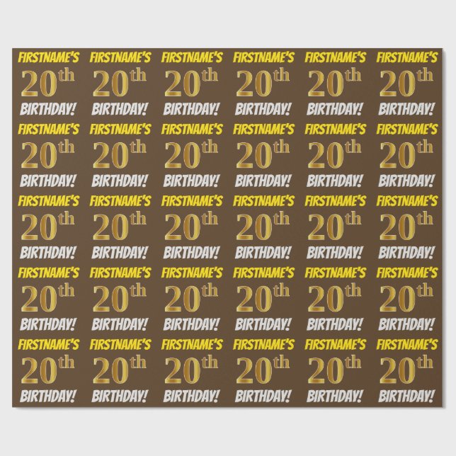 Brown, Faux/Imitation Guld, "20 BIRTHDAY" Presentpapper (Platt)