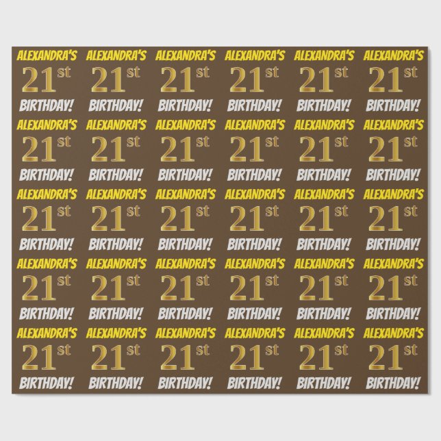 Brown, Faux/Imitation Guld, "21:a BIRTHDAY" Presentpapper (Platt)