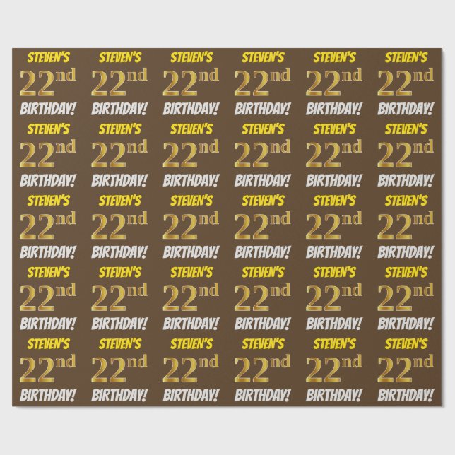Brown, Faux/Imitation Guld, "22:a BIRTHDAY" Presentpapper (Platt)