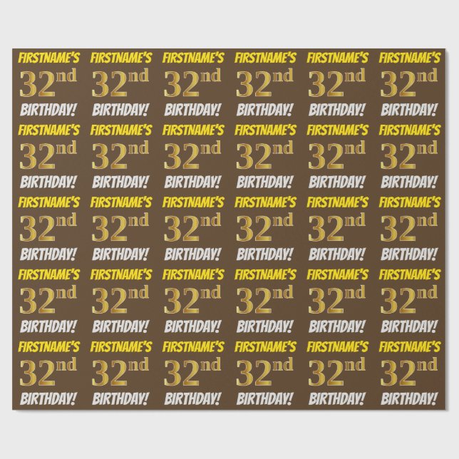 Brown, Faux/Imitation Guld, "32:a BIRTHDAY" Presentpapper (Platt)
