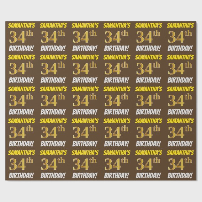 Brown, Faux/Imitation Guld, "34:e BIRTHDAY" Presentpapper (Platt)