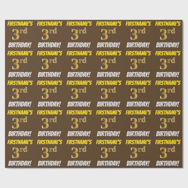 Brown, Faux/Imitation Guld, "3rd BIRTHDAY" Presentpapper (Platt)