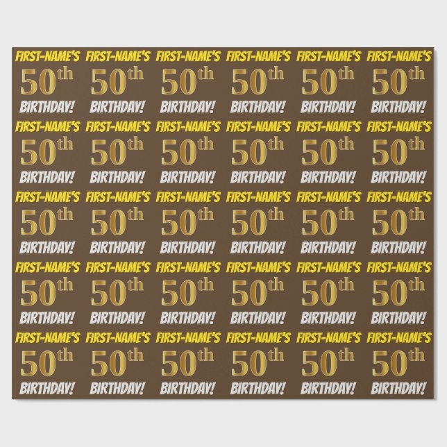 Brown, Faux/Imitation Guld, "50 BIRTHDAY" Presentpapper (Platt)
