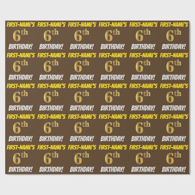 Brown, Faux/Imitation Guld, "6e BIRTHDAY" Presentpapper (Platt)