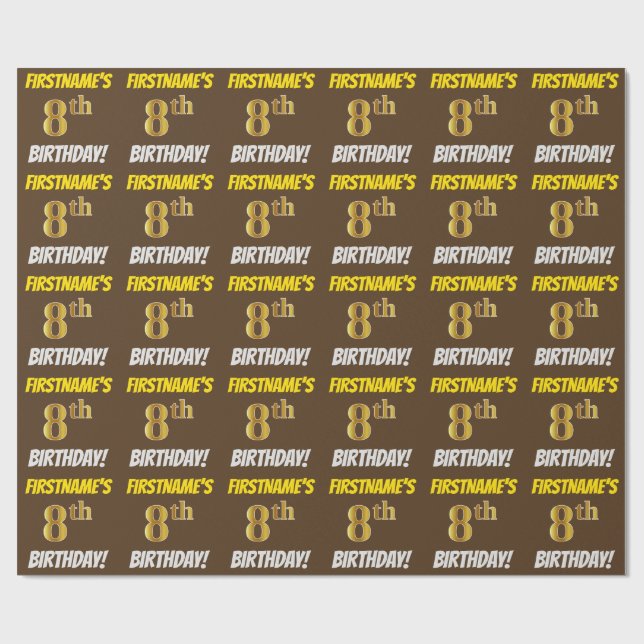 Brown, Faux/Imitation Guld, ’8th BIRTHDAY’ Presentpapper (Platt)