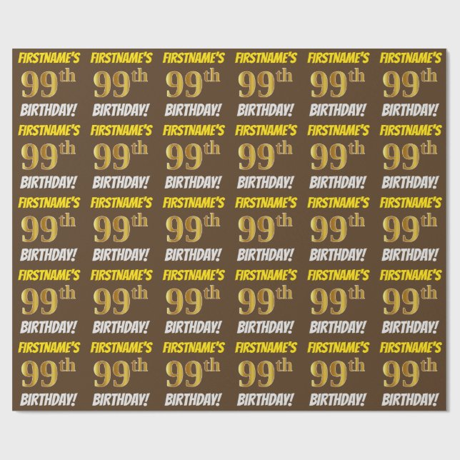 Brown, Faux/Imitation Guld, "99th BIRTHDAY" Presentpapper (Platt)