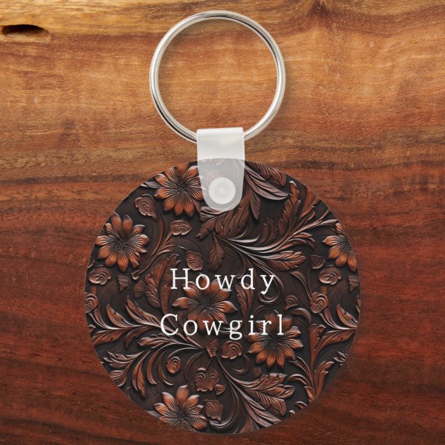 Brown Faux Leather Cowgirl Blommigt Nyckelring (Framsida)