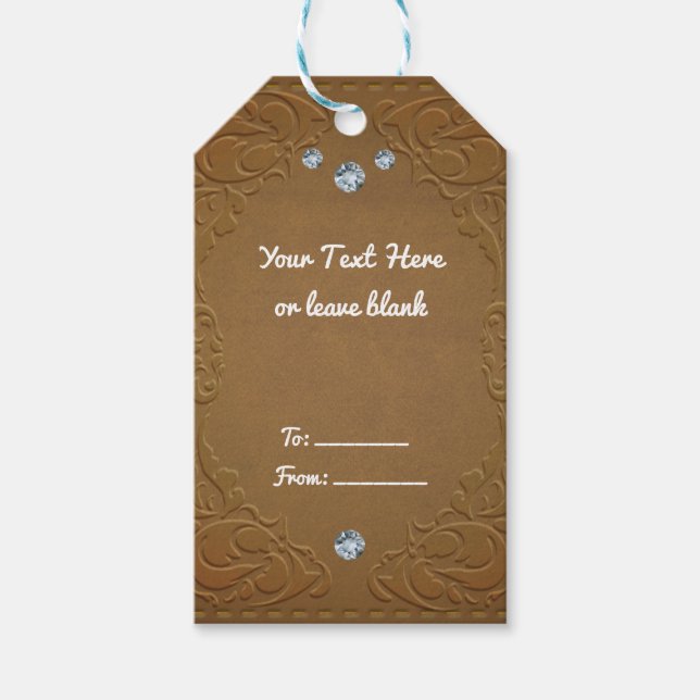 Brown Faux Leather & Diamonds Glam Rustic Presentetikett (Framsidan)