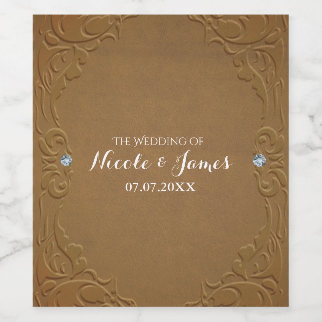 Brown Faux Leather & Diamonds Glam Rustic Vin Vinflaska Etikett (Singel etikett)