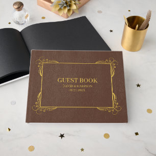 Brown Faux Leather Guld Ram Guest Bok