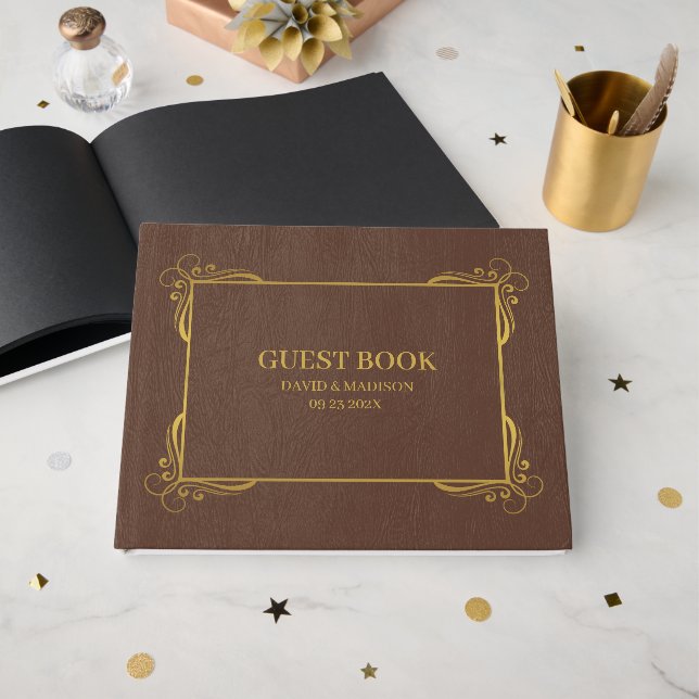 Brown Faux Leather Guld Ram Guest Bok (Framsida Öppen)